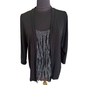 Connected Apparel  Faux 2 Pc Top With Silver Metallic Fringe And Black Top, XL